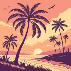 Tropical Beach Sunset Illustration – Palm Tree Silhouette Vector Art