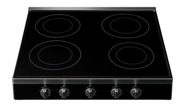 Black ceramic electric cooktop with four heating zones and manual control knobs on transparent background.