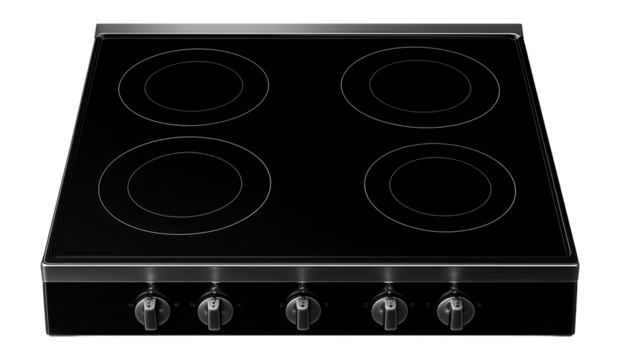 Black ceramic electric cooktop with four heating zones and manual control knobs on transparent background.