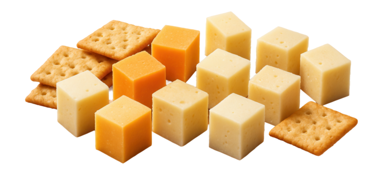 A selection of cracker squares paired with various cubed cheeses on transparent background.