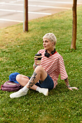 Fototapeta premium Stylish young woman enjoying coffee while sitting in a park on a sunny day