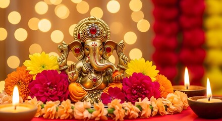 Obraz premium Golden ganesha statue adorned with vibrant flowers and illuminated by the soft glow of candles light