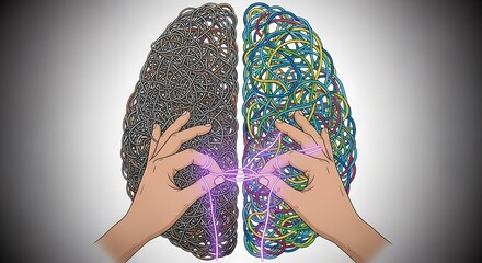 Two hands connect two halves of a brain illustration, one side dark and tangled, the other colorful and organized, with a glowing connection.
