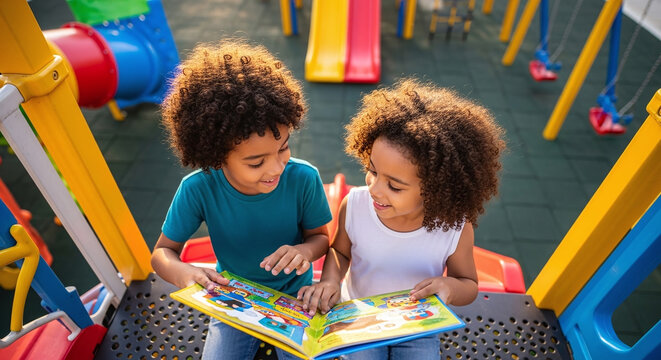 Two children reading a book together on a playground structure with slides and swings in the background