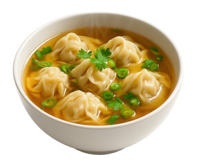 A steaming bowl of dumpling soup garnished with fresh cilantro and slices of spring onion on transparent background.
