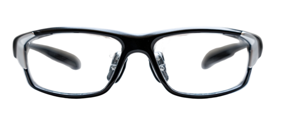 Close-up of dark-colored safety glasses with clear lenses