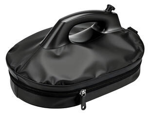 Black handheld steamer appliance, portable clothing care device.