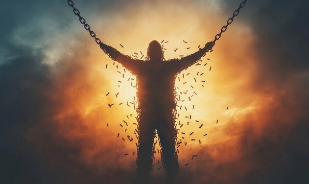 Freedom concept with a person breaking free from chains, symbolizing liberty, empowerment, and self-liberation, Generative AI - Powered by Adobe