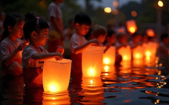 Japanese children releasing, Obon Day floating lanterns, river ritual, traditional festival. High quality