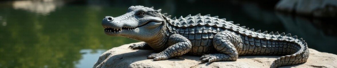 Obraz premium Grey stone caiman sculpture, weathered effect, details, rough