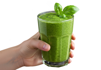 Green smoothie in glass held by hand isolated on transparent background
