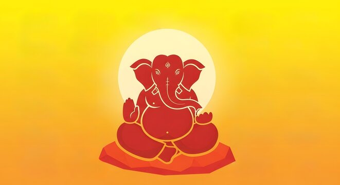 Illustration of a red ganesha sitting in a lotus position against a yellow and orange background
