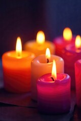 Close-up of several brightly colored, flickering worship candles in various sizes and shapes, creating a warm, inviting glow Perfect for religious, spiritual, or meditation themes , assorted, piety