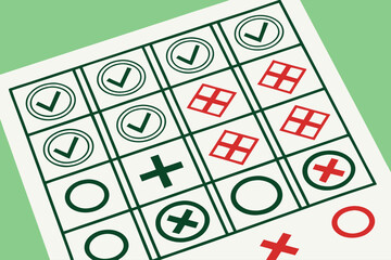 Vector art of tic tac toe game board with checkmarks, crosses, and circles