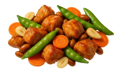 Assorted cooked vegetables and glazed meatballs arranged together with carrots, almonds, and green pea pods on transparent background.