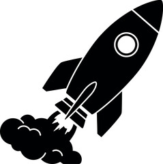 Black rocket ship launching with smoke trail