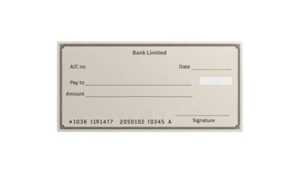 blank bank check page in transparent white png background