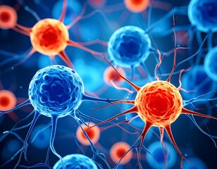 Microscopic view of vibrant red and blue cells with numerous branching tendrils, set against a dark blue background