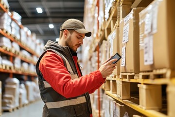 Warehouse employee scanning box with barcode scanner
