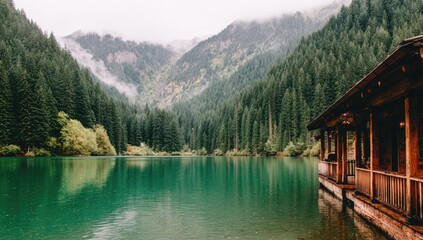 Fototapeta premium Misty mountain lake with wooden cabin