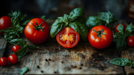 Fresh tomatoes and basil leaves are artfully arranged on rustic wooden table, creating vibrant and appetizing scene. rich colors and textures evoke sense of freshness and organic quality
