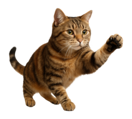 Playful brown tabby cat with stripes reaches out a paw on transparent background.