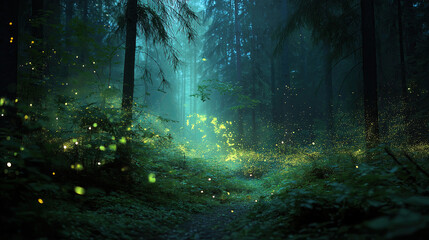 Obraz premium Night forest with fireflies glowing in the dark, magical feeling