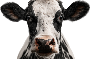 Close-up of a cow's face, black and white spotted, intense gaze