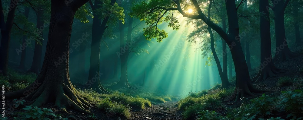 Poster deep, shadowy forest background with sunlit patches filtering through dense canopy, creating a mysti