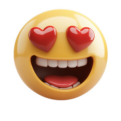 3d rendered smiling yellow emoji with red heart eyes and expressive facial features transparent background