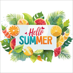 Hello Summer Background with Tropical Leaves, Fruits, Popsicles and Cocktails. Vector illustration of flyer, brochure and ads. Happy summer background. wet card for your menu