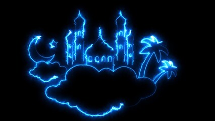 Glowing Blue Mosque Crescent Star Palm Trees and Clouds on Black Background image