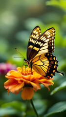 Obraz premium A swallowtail butterfly perched atop a vibrant orange zinnia flower in a garden setting outdoors