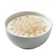UHD close-up of classic tapioca pudding in a white ceramic bowl, creamy off-white base, translucent gelatinous pearls on a minimalist surface with soft bokeh, concept of nostalgic comfort
