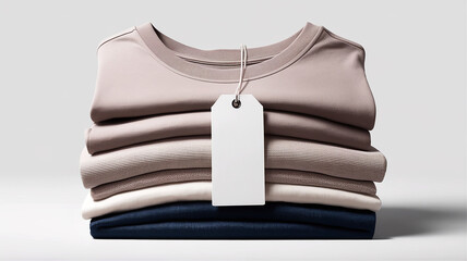 Stack of folded neutral colored t shirts with blank tag