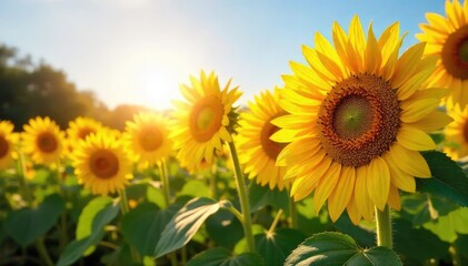 Golden sunflowers basking in the summer sun, their seeds ready for harvest to produce delicious, healthy sunflower oil A picturesque scene of abundance and nature's bounty , yellow, sunlight, farming