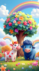 Fototapeta premium Cartoon cow and bull under a flowering tree with rainbows in a whimsical landscape illustration