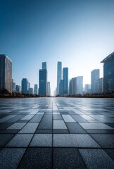 Empty square floor with panoramic Shenzhen skyline, modern architecture under blue sky - high-resolution symmetrical urban photography