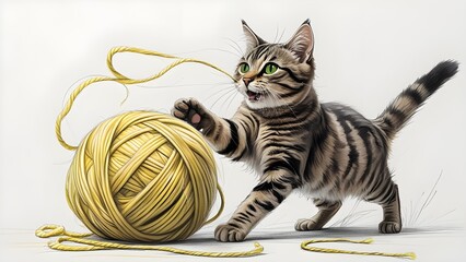Cute Cat Playing with Yellow Yarn Ball on White Background.
