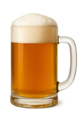 Mug of refreshing golden beer with thick white foam on transparent background