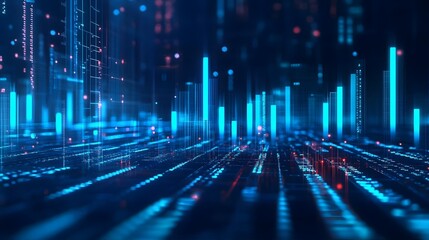 Blue digital data bars in a dark, futuristic cityscape.