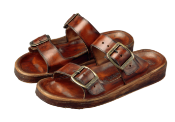 Two brown leather sandals, angled view.  Double straps with metal buckles,  chunky platform soles, aged leather