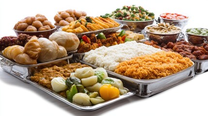 Assorted Asian Cuisine Platter with Rice and Colorful Vegetables