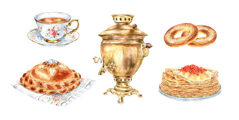 Watercolor vintage samovar, cup of tea, bagles, loaf, pancakes clipart. Teatime illustration isolated on white background. Rustic craft design. Russian traditional cuisine.
