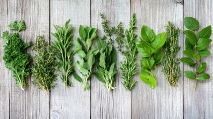 Assorted Fresh Herbs on Rustic Wooden Background for Cooking