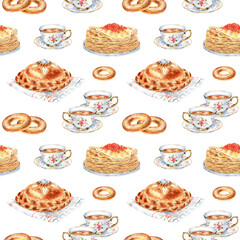 Seamless pattern. Elegant porcelain cups with tea, loaf, pancakes with red caviar, bagels. Watercolor hand drawn food illustration of Russian cuisine. For wrapping paper, packaging, cookbook, menu.