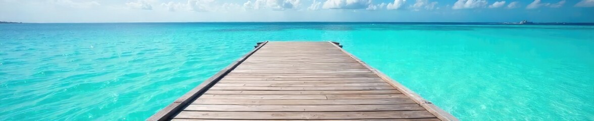 Serene island dock extending into calm turquoise water, sun-drenched wood planks, tranquil scene perfect for relaxation and escape Ideal for travel, vacation, and peaceful imagery , dock, scenery