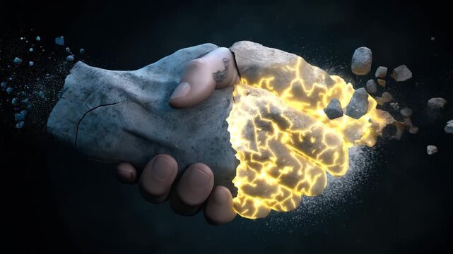 Symbolic of a broken handshake with rare earth minerals falling between, dramatic lighting, muted navy and grey tones, trade deal conflict concept