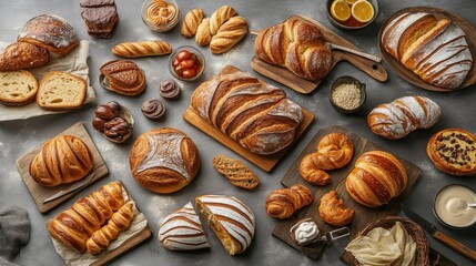 Assorted Freshly Baked Artisan Breads and Pastries on Table
