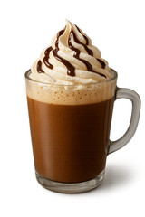 Hot chocolate with whipped cream and chocolate drizzle on transparent background
